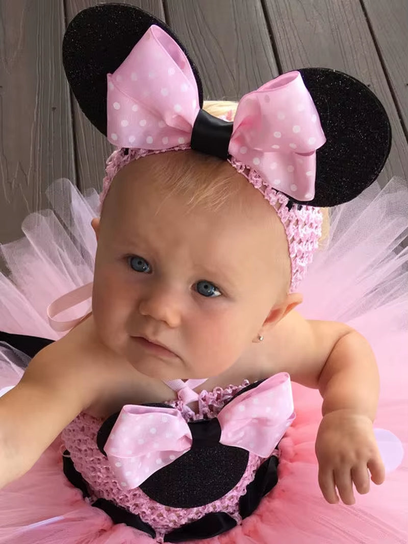 Lovely Girls Pink Cartoon Tutu Dress Baby Crochet Tulle Tutus with Dots Bow and Headband Set Kids Birthday Party Costume Dresses