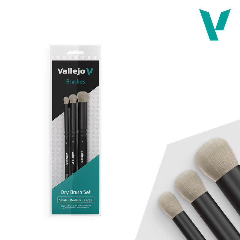 Vallejo Hobby Brushes: Dry Brush - Natural Hair - Dry Brush Set - Small, Medium, & Large