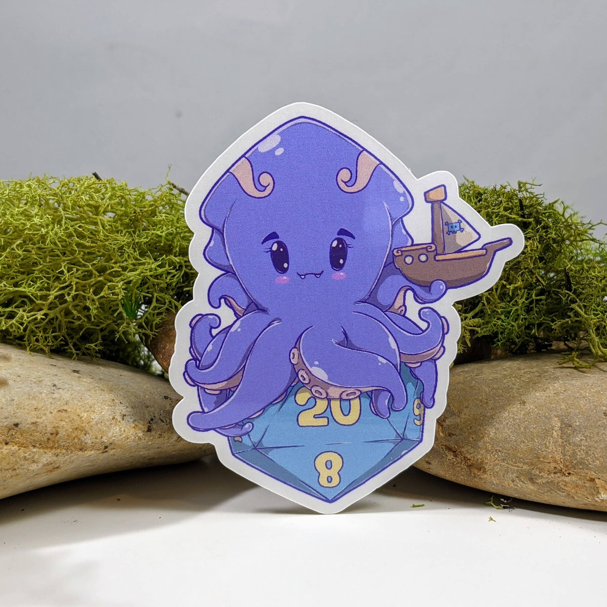 Chibi Kraken Atop A D20 Polyhedral Dice Sticker - 2.5"
